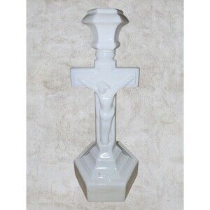 Vintage Milk Glass Jesus Crucifix Taper Candle Holder Hexagonal Base 10" Cross